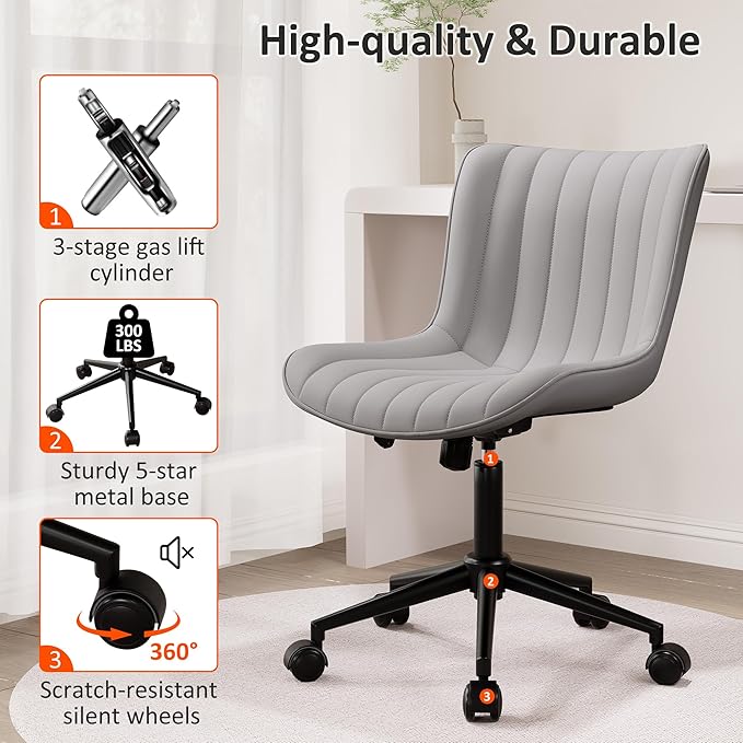 Kidol & Shellder Grey Leather Home Office Desk Chair with Wheels Modern Cute Armless Executive Swivel Vanity Chair with Comfy Padded Back Ergonomic Rolling Adjustable Computer Task Chair Small