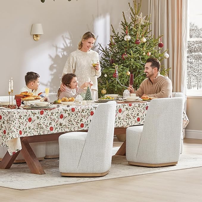 CHITA Upholstered Rolling Dining Chair on Casters Set of 4, FSC Certified Modern Fabric Dining Chair with Casters, Boucle Dining Chairs for Reading Room Kitchen Dining Room, Pearl