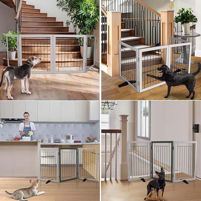 ZJSF Freestanding Dog Gate Indoor, Foldable Dog Fence for Doorways,Hallways or Stairs, Sturdy Wood Extra Wide Pet Gate with Support Feet,Grey,24 "Height-4 Panels