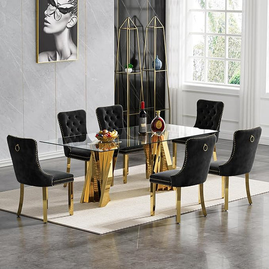 Goujxcy 70" Glass Dining Table Set for 6, Modern Gold Dining Table Set with 6 Black Velvet Upholstered Dining Chairs, 7 Piece Kitchen Dining Room Table Set with Stainless Steel Legs