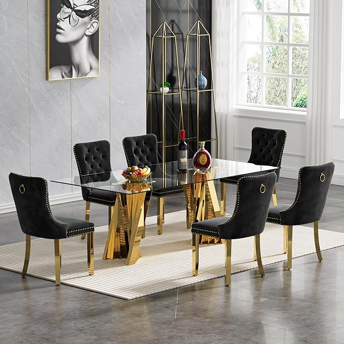 7 Piece Dining Table Set with 6 Black Dining Chairs, Modern Glass Kitchen Table and Chairs Set for 6, 70" Rectangle Gold Glass Pedestal Dining Room Tables with Flash-Shape Stainless Steel Base