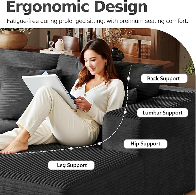 108'' Modular Sectional L-Shaped with Chair,Deep Seat Boneless Corner Couch for Living Room,Plush Corduroy Couch with Detachable Sofa Set,No Assembly(Right Facing Chaise，Gray)