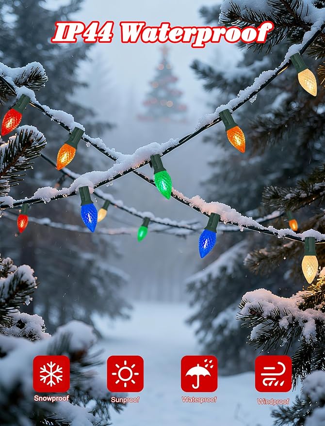 C7 LED Christmas Lights Outdoor,25FT Multicolor C7 Christmas Light with 27 0.6w Diamond Bulb Fit E12 Base,Xmas Lights Outdoor for House, Yard, Garden, Christmas Tree Decoration, Green Wire