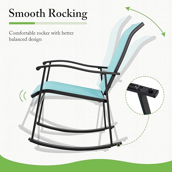 Shintenchi 3 Piece Rocking Bistro Set, Outdoor Furniture with Rocker Chairs and Glass Coffee Table Set of 3, Balcony, Porch Furniture for Small Space, Blue