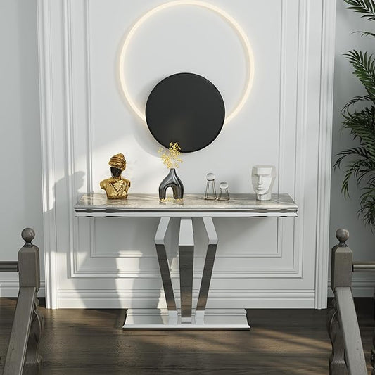 Silver Console Table, Luxury Grey and Silver Sofa Table, 50 inch Rectangle Entryway Table with Mirrored Geometric Base for Living Room, Hallway