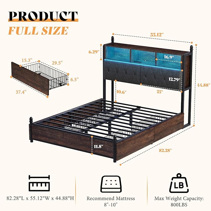 AMERLIFE Full Size Bed Frame with Bookcase Headboard, 4 Storage Drawers, Wooden Platform Bed with Charging Station & LED Light, No Box Spring Needed, Noise-Free, Rustic Brown