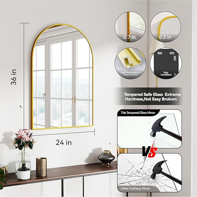 24x36 Arch Mirror Rectangle Full Length Wall Mounted Hanging or Against Wall Metal Aluminum Alloy Frame Dressing Make-up Mirrors for Entryway Bedroom Bathroom Living Room 24 36 inch Gold