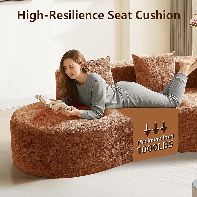 109'' Curved Couch, Mid Century Modern Half Moon Sofa, Luxury 3-Seat Couch with High-Density Foam Filled, Raindrop Velvet Fabric Sectional Sofa for Living Room, Apartment, Office, Orange