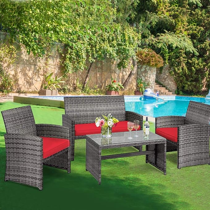 Tangkula 4 PCS Wicker Patio Conversation Set, Outdoor Rattan Sofas with Table Set, Patio Furniture Set with Soft Cushions & Tempered Glass Coffee Table for Poolside Balcony