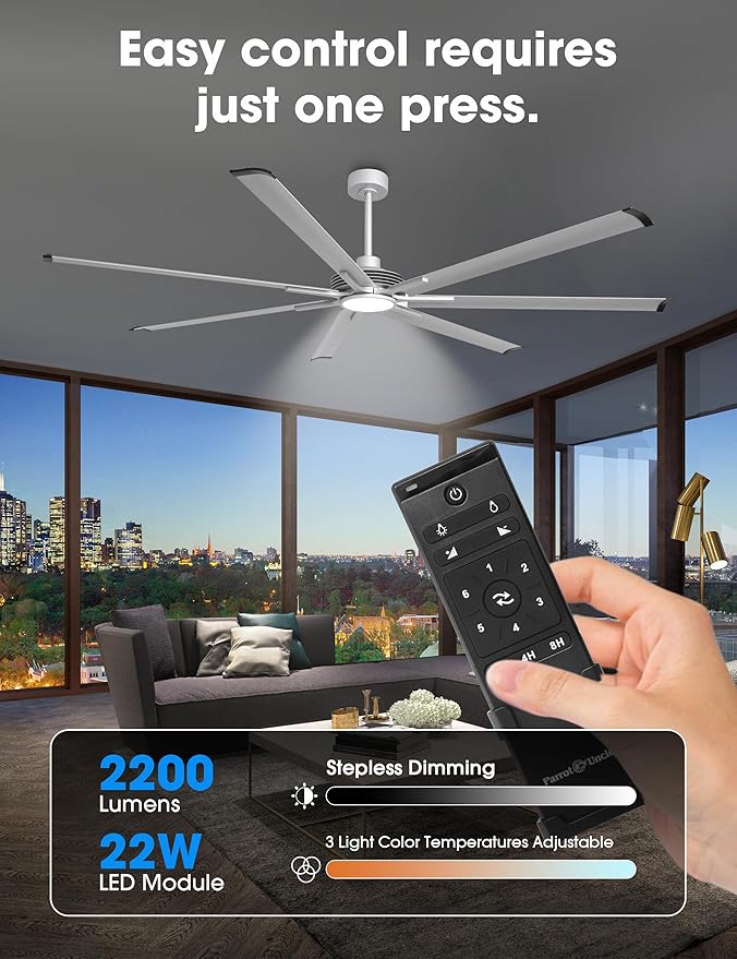 Industrial Ceiling Fans with Lights and Remote, 84 Inch Large Ceiling Fan with Light, Silver Outdoor Ceiling Fans for Patios, Shop, Garage, Warehouse, 6-Speed Reversible DC Motor, Dimmable, Timer