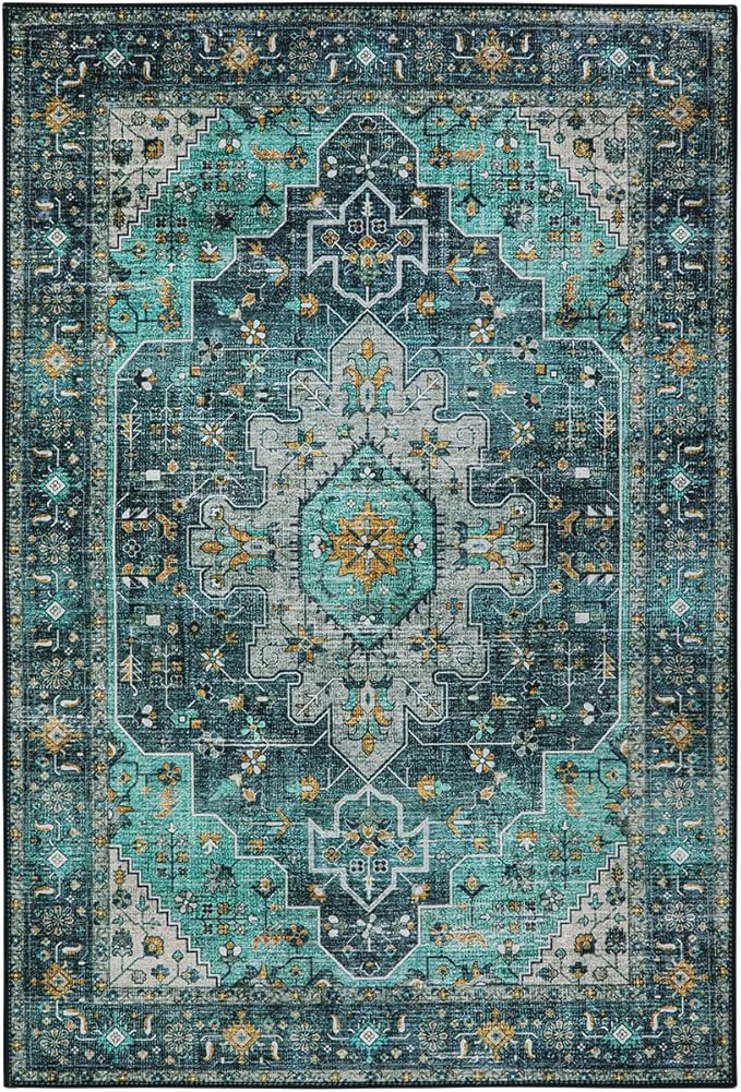 Moynesa Ultra-Thin Washable Area Rug - 2x3 Teal Small Entryway Rug Front Indoor Doormat, Boho Non-Slip Stain Resistance Low Pile Accent Carpet for Kitchen Bathroom Home Laundry Room Hall Decor