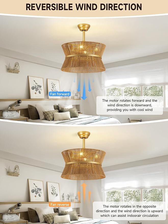 Boho Fandelier Ceiling Fan with Light and Remote Rattan Chandelier Fan Gold Caged Ceiling Fan with Light for Bedroom, Living Room Nursery Foyer Kitchen（6 Speed, Timing Adjustable Height）