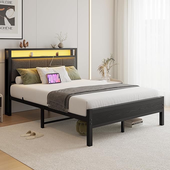 Full Size Bed Frame with LED Lights, Upholstered Headboard with Storage Shelves&Charging Station, Heavy Duty LED Bed Frame Full Mattress Foundation No Box Spring Needed, Noise Free,Grey