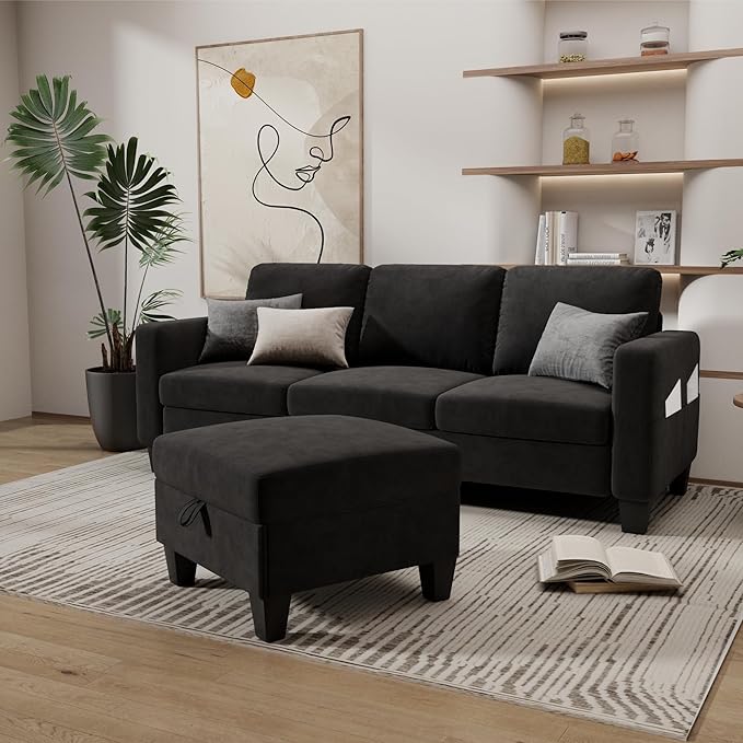 Sectional and Sofa Couches for Living Room, 3-Seater L-Shaped Sofa with Storage Ottoman, Pet-Friendly Washable Velvet Linen Fabric, Convertible Couches for Small Apartments, Bedroom (Black)