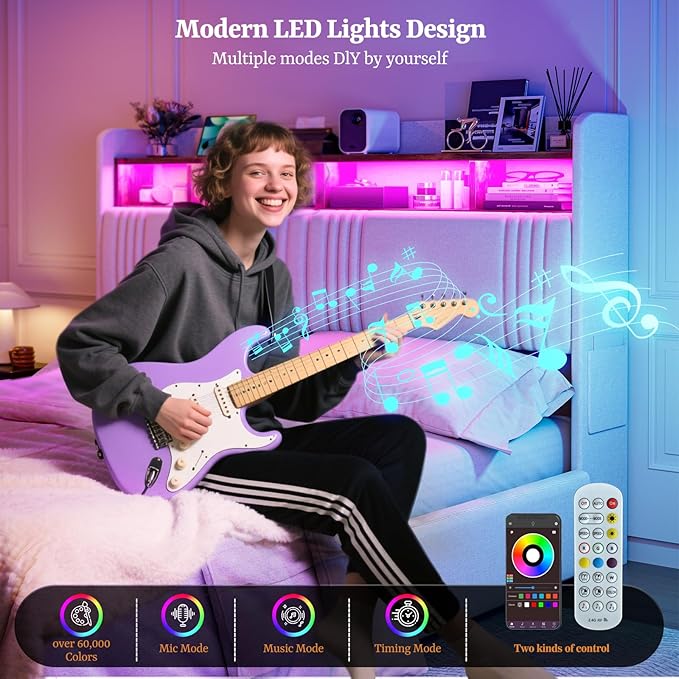 IKIFLY King Size Bed Frame with Hidden Storage Headboard & 4 Drawers, 49.2” Tall Upholstered Wingback Headboard with LED Lights and Charging Station, No Box Spring Needed, Solid Wood Slats, White