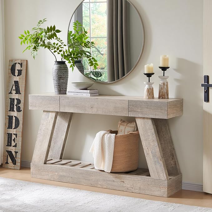 60" Farmhouse Entryway Table with Drawer, Wooden Hallway Foyer Table with Heavy Duty Base(Light Rustic Oak)