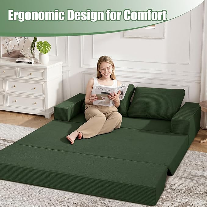 COMAX Convertible Sofa Bed Queen, Corduroy Folding Floor Couch Pull Out Couch Bed Futon Sleeper with Pillows, Fold Out Boneless Sofa Comfy Lounge Mattress Loveseat for Living Room Bedroom, Green