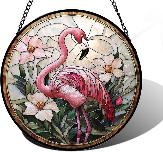 Stained Glass Window Hanging, Flamingo Flower Sun Catchers Diamond Glass Panel Hangings Pink Suncatcher Decor for Birthday for Women, Men, Wife, Aunt, and Mom 15x15 in