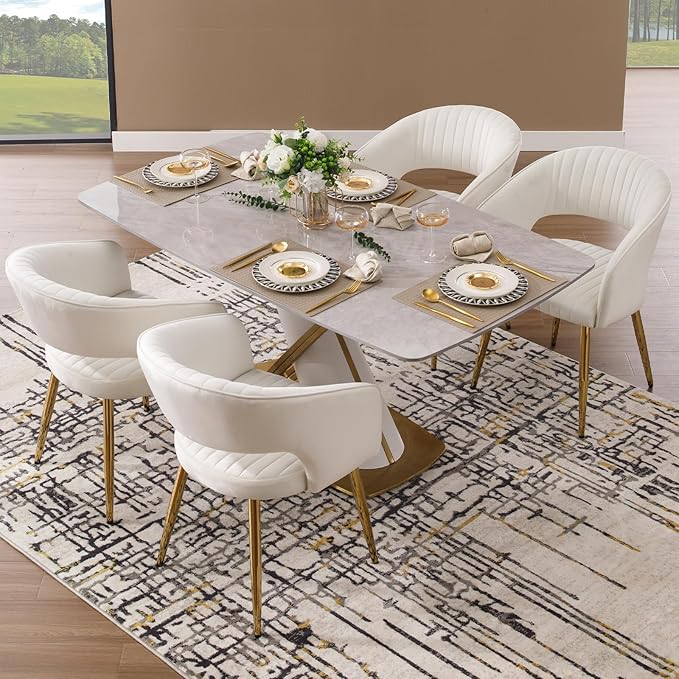 Modern Velvet Dining Chairs Set of 4, Upholstered Gold Dining Room Chairs with Hollow Back, Accent Armrest Kitchen Chairs with Gold Legs for Living Room Reception Beige