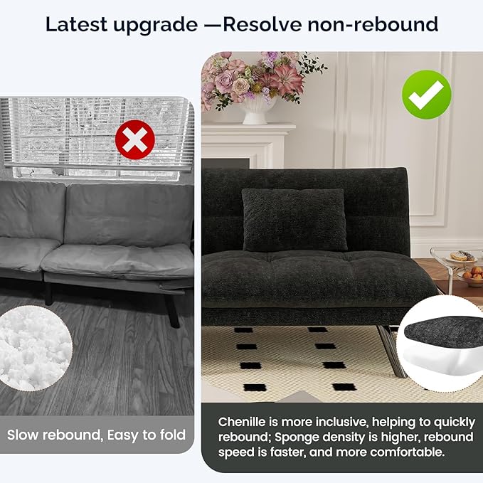 Futon Sofa Bed Convertible 70 inch Solid Wood Couch for Living Room, Chenille Fabric, 2 Cushions (Black)