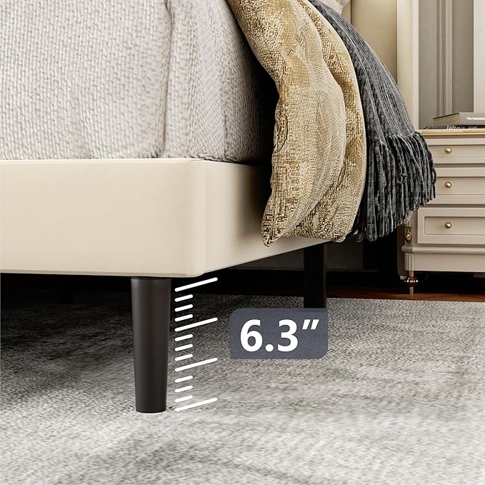 Queen Size Bed Frame with Upholstered Wingback Headboard, Easy Assemnly Platform Bed, Wooden Slat Support No Box Spring Needed, Cream