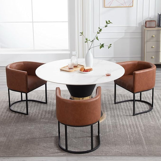 Faux Leather Dining Chairs Set of 3 Modern Barrel Arm Chairs with Black Metal Frame, Upholstered Kitchen Chairs 18.5" Wide Accent Chairs for Living Room Dining Room Restaurant, Brown