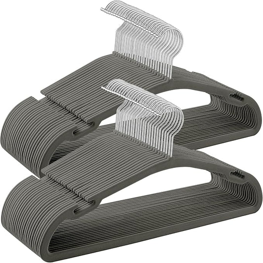 SONGMICS Velvet Hangers 50 Pack, Non-Slip Clothes Hangers, 17 x 8.3 Inches, Coat Hangers with Wide Shoulder Notches, Pants Bar, 360° Swivel Hook, Space-Saving, for Closet, Gray UCRF039G02