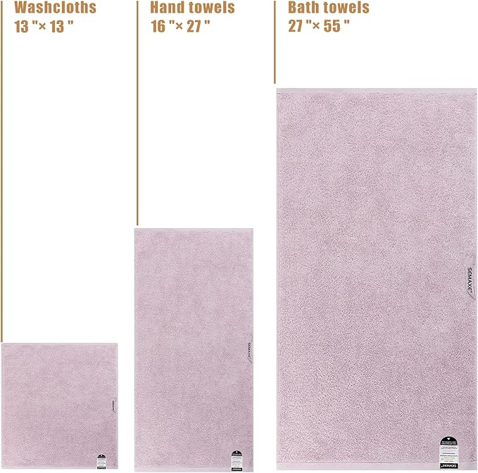 SEMAXE 18-Pack Bath Towel Set Include 6 Bath Towels, 6 Hand Towels, 6 Wash Cloths, 100% Cotton Bathroom Towels with Hanging Loops and Nano-Bio Lifecycle Labels, Soft & Absorbent Towel, Purple