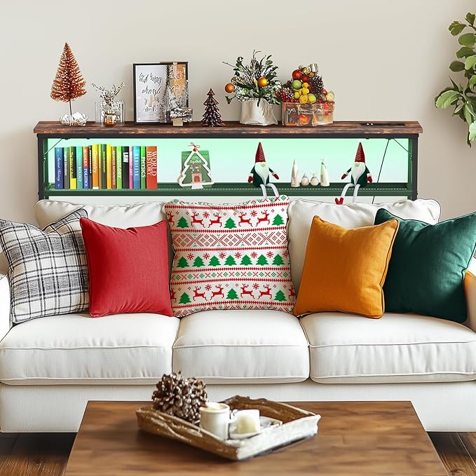 Tatub 39.4" Behind Couch Table with 2 Power Outlets and Led Light, Rustic Narrow Console Industrial 2 Tier Skinny Entryway Sofa Table with Metal Frame for Living Room