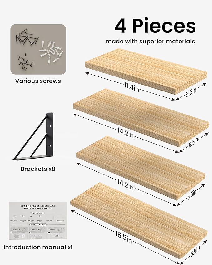 BAYKA Shelves for Bedroom Decor, Floating Wall Shelf for Living Room Kitchen Storage, Wall Mounted Rustic Shelves for Kids Books, Corner Shelf for Bathroom(Carbonized Brown,Set of 4)