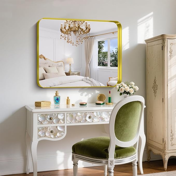 FORBATH 30x36 Inch Bathroom Mirror, Brushed Gold Deep Frame Wall Mirror with Rounded Corners, Anti-Rust Tempered Glass for Modern Farmhouse Vanity (Horizontal/Vertical Hanging)