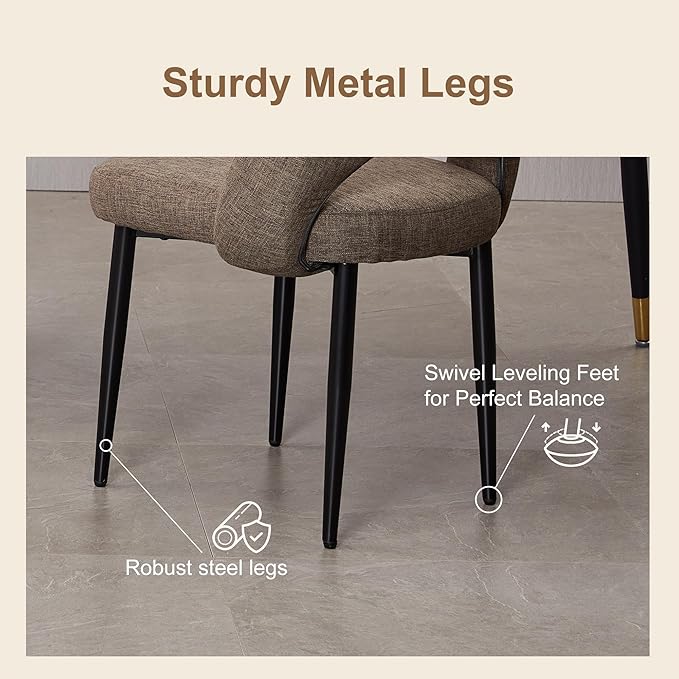 Modern Dining Chairs, Fabric Upholstered Accent Kitchen Chairs with Comfy Padded Seat & Sturdy Metal Legs, Side Farmhouse Chairs for Dining Room, Living Room, Restaurant (Brown, Set of 2)