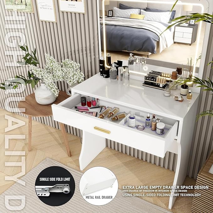 Vanity Desk, Makeup Vanity with LED Light Mirror, Small White Vanity with a Super Large Drawer and Power Outlet, 3 Color Lighting Modes Makeup Table for Bedroom, Dressing Room (White1)