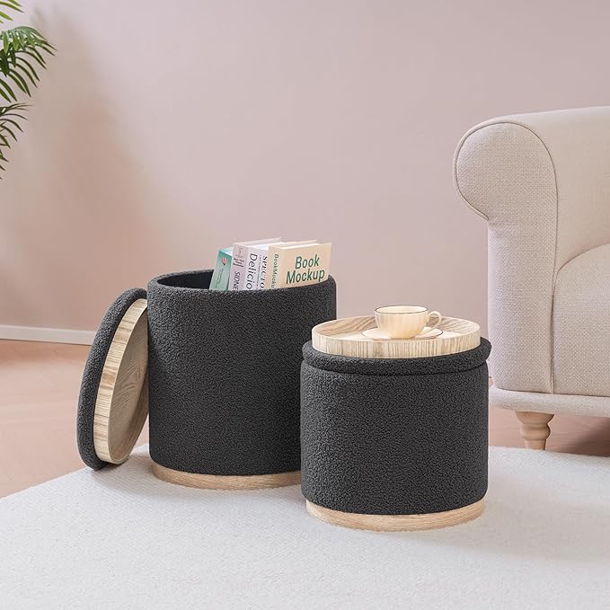 PINPLUS Round Ottoman with Storage Set of 2, Storage Ottoman with Tray, Teddy Velvet Ottoman Storage Modern Multifunctional Foot Rest Stool for Bedroom, Living Room, Dorm (Dark Grey)
