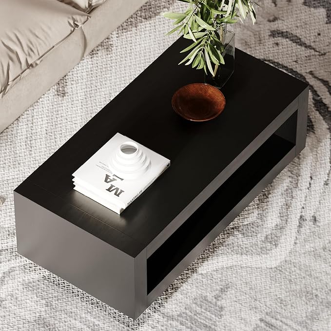 Maven Lane Artemis Coffee Table – 18 Inch Rectangle Table with Storage – Black Solid Wood – Ideal for Living Room and Lounge
