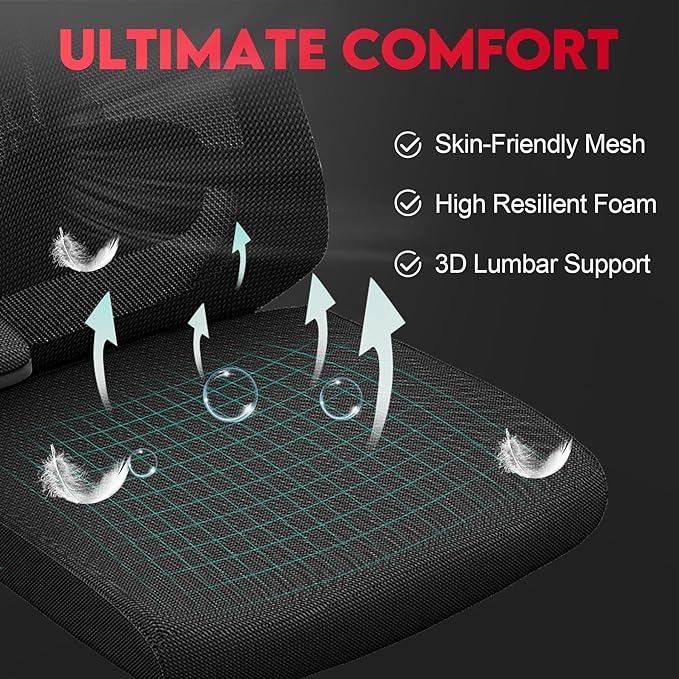 Ergonomic Office Chair - 400LB Comfy Desk Chairs with Adjustable Headrest and Lumbar Back Support, Mesh Computer Chairs with Wheels and Arms for Home Office, Study, Bedroom and Dorm (03black)