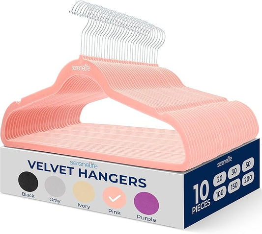 SereneLife 10 Pack Velvet Hangers - Non-Slip with 360° Swivel Hook - Ultra-Thin, Lightweight Velvet Hangers for Shirts, Sweaters, Hoodies, Kids Clothes & Dresses - Space-Saving (Pink)