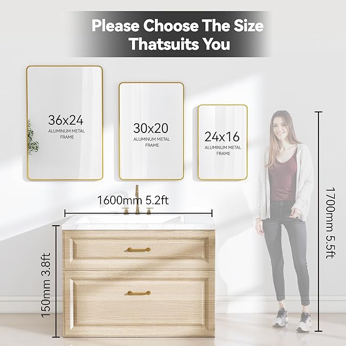 20x30 Rectangle Mirror Full Length Wall Mounted Hanging or Against Wall Metal Frame Dressing Make-up Mirrors for Entryway Bedroom Bathroom Living Room 20 30 inch Gold