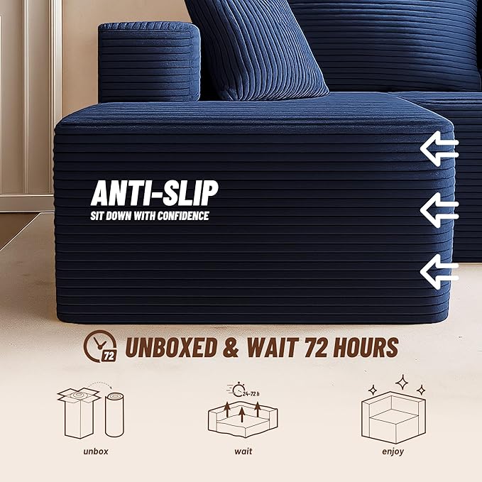 138" Boneless Couch with Deep Seat, Modular Sectional Sofa, Cloud Sectional Couch for Living Room, No Assembly Required, Corduroy, U-Shape 4 Seater Left, Blue