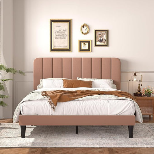 VECELO Queen Size Bed Frame with Upholstered Headboard, Velvet Platform Bedframe Mattress Foundation, Strong Wood Slat Support, No Box Spring Needed,Tan Brown