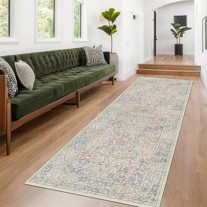Beige Blue Washable 2'6"x10' Wide Hallway Runners, Kitchen Runner Rug, Non-Slip & Stain Resistant 10ft Long Floor Rug, Retro Lilic Boho Floral Décor