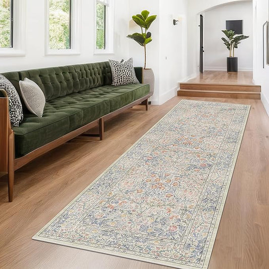 Vintage Beige Blue 3x10 Runner Rug for Hallway, Kitchen, Bathroom, Entryway Indoor, Washable Non Slip Rubber Backing Stain Resistant - Botanical Home Decor