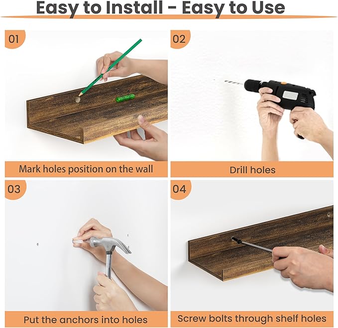 upsimples Floating Shelves for Wall, 47.3 Inch Shelves for Decor Storage Set of 6, Wall Mounted Wood Shelf for Bedroom, Living Room, Bathroom, Kitchen, Long Picture Ledge Shelves, Brown