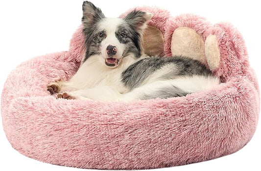 Jiupety Paw Shape Calming Pet Bed, Medium Plush Faux Fur Donut Bed for Dogs & Cats, Machine Washable, Non-Slip Bottom, Extra Large Size (32"×32"×10"), Pink