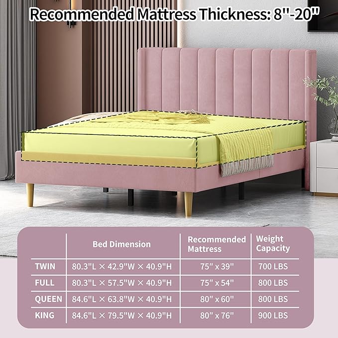 Full Size Upholstered Platform Bed Frame with Modern Wingback & Vertical Panel Headboard, Velvet Fabric, Wooden Legs & Slats Support, No Box Spring Needed, Noise-Free & Easy Assembly, Pink