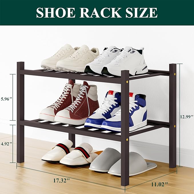 Smiry Shoe Rack, 2 Tier Small Bamboo Shoe Organizer, Stackable Free Standing Wooden Shoe Storage Shelf for Closet, Entryway, Front Door Entrance, Brown
