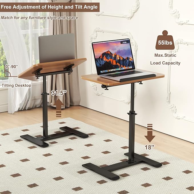 Adjustable Height C Shaped Side Table,360°Swivel Overbed Table,Top Tilting Laptop Stand Table with Hidden Wheels,Mobile Couch End Tables that Slide under,Rolling TV Coffee Table for Sofa/Bed (wood)