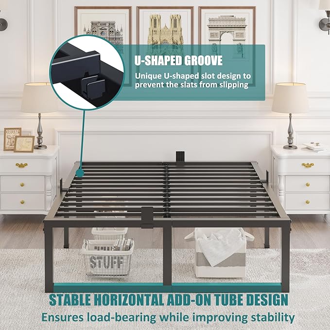 Full Size Bed Frame, 18 Inch Heavy Duty Support 3500 lbs Metal Platform, No Box Spring Needed/Noise Free/Non-Slip/Steel Slat Support/Easy Assembly