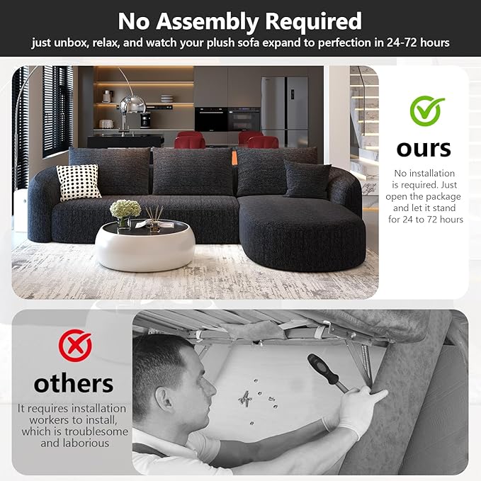 111" Modular Sectional Couches Luxury Modern Curved Back Sofa,Minimalist Comfy L-Shape Boneless Cloud Couch for Living Room Apartment,(Right Facing Chaise,Black)