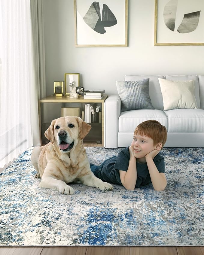 Washable Area Rug for Living Room: 6x9 Modern Abstract Neutral Soft Rug for Bedroom Dining Room No Slip Low Pile Carpet for Nursery Home Office - Grey/Blue